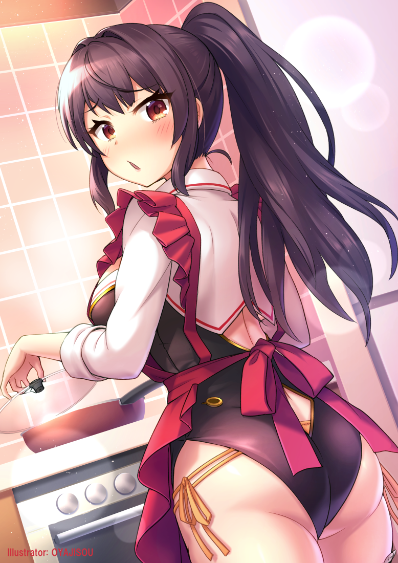 1girl artist_name ass bangs black_leotard blush breasts brown_eyes brown_hair character_request commentary_request cooking eyebrows_visible_through_hair high_ponytail holding indoors jacket large_breasts leotard long_hair long_sleeves looking_at_viewer looking_back original oyaji-sou parted_lips ponytail red_apron sidelocks solo tile_floor tiles very_long_hair white_jacket