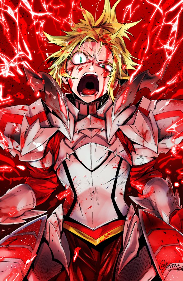 1girl angry armor blonde_hair blood blood_from_mouth blood_on_face commentary_request constricted_pupils fate/apocrypha fate/grand_order fate_(series) gauntlets glowing green_eyes lightning looking_at_viewer mordred_(fate)_(all) open_mouth pauldrons ponytail shouting solo spiky_hair torichamaru twitter_username wide-eyed