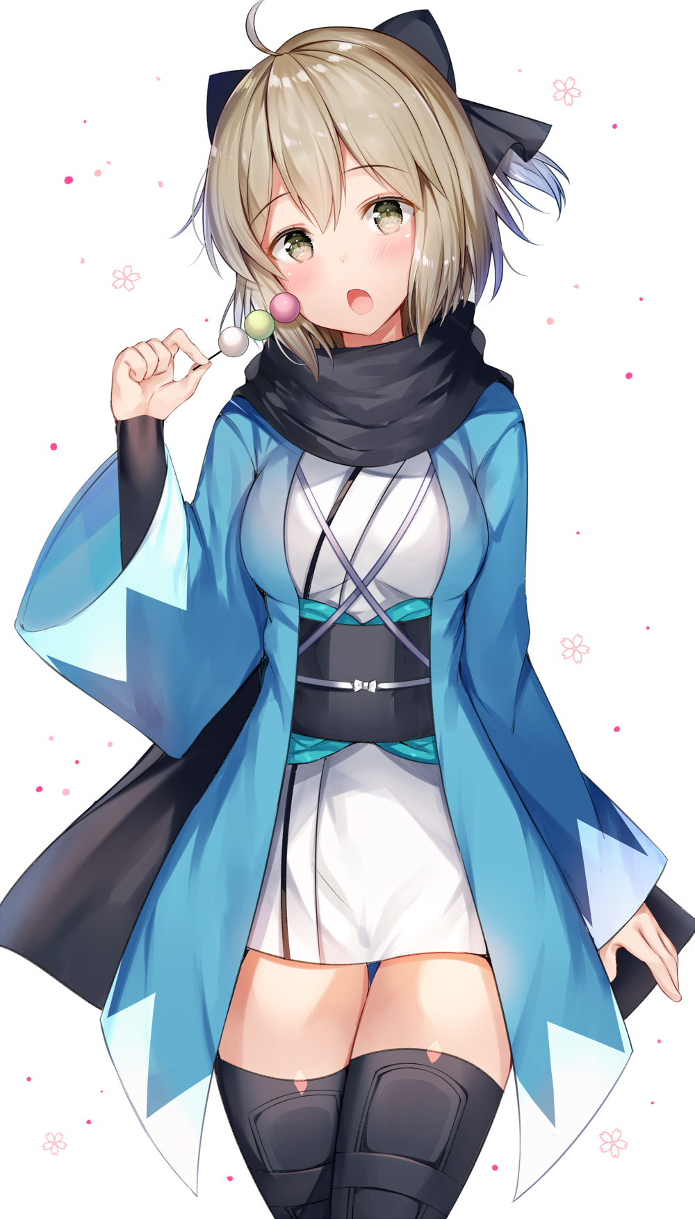 1girl :o ahoge aozora_nan arm_guards bangs black_bow black_scarf blonde_hair blush bow breasts commentary_request dango eyebrows_visible_through_hair fate/grand_order fate_(series) food hair_between_eyes hair_bow half_updo haori highres holding holding_food japanese_clothes kimono long_hair medium_breasts obi okita_souji_(fate) open_mouth sash scarf shinsengumi short_hair short_kimono simple_background solo thigh-highs wagashi white_background white_kimono yellow_eyes zettai_ryouiki