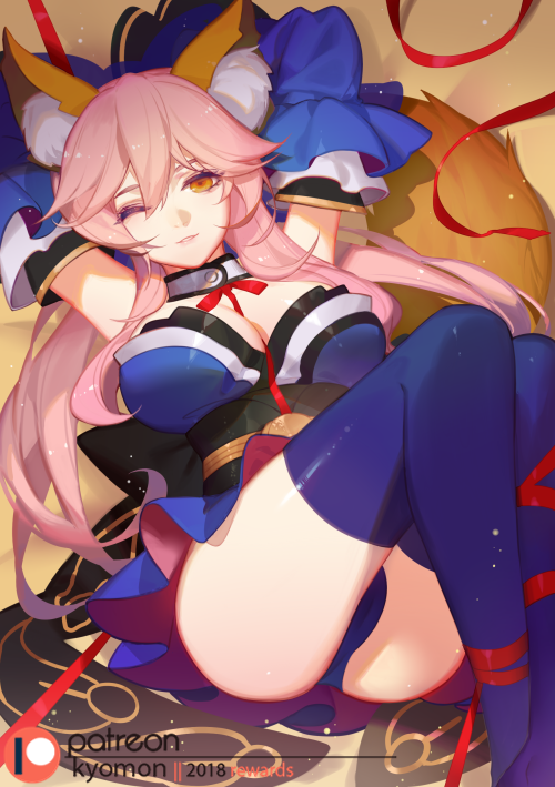 1girl animal_ear_fluff animal_ears arms_up ass back_bow blue_legwear blue_panties bow breasts choker cleavage detached_sleeves fate/extra fate/grand_order fate_(series) fox_ears fox_tail hair_between_eyes hands_on_own_head large_breasts leg_ribbon long_hair looking_at_viewer obi one_eye_closed panties parted_lips patreon_username pink_hair red_ribbon ribbon sash sleeveless smile solo songjikyo tail tamamo_(fate) tamamo_no_mae_(fate/extra) thighhighs underwear yellow_eyes