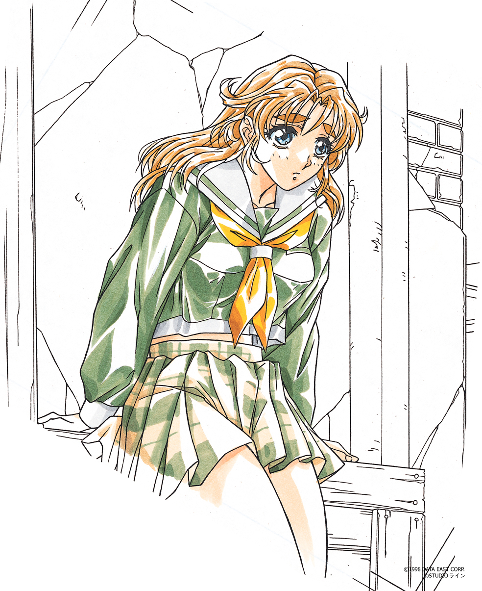 1998 1girl 90s blue_eyes brown_hair copyright_name data_east dated doukoku_soshite expressionless highres long_hair long_sleeves marker_(medium) neckerchief norma_wendy official_art plaid plaid_skirt pleated_skirt school_uniform serafuku skirt solo thick_eyebrows traditional_media yokota_mamoru