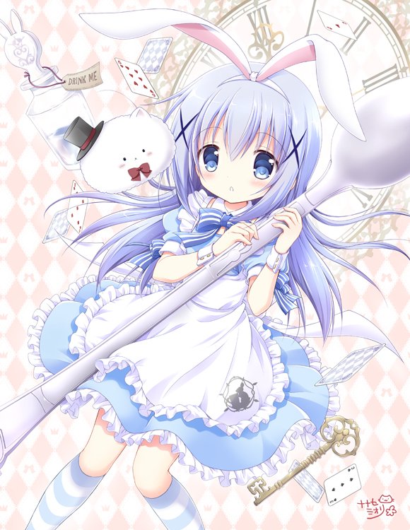 1girl :o alice_(wonderland) alice_(wonderland)_(cosplay) alice_in_wonderland angora_rabbit apron black_hat blue_bow blue_dress blue_eyes blush bow card clock clock_hands cosplay dress gochuumon_wa_usagi_desu_ka? hair_ornament hat heart holding holding_spoon horizontal-striped_legwear key light_blue_dress light_blue_hair looking_at_viewer nanase_miori parted_lips playing_card rabbit rhombus_background solo spade_(shape) spoon striped striped_bow striped_legwear tippy_(gochiusa) top_hat white_apron x_hair_ornament