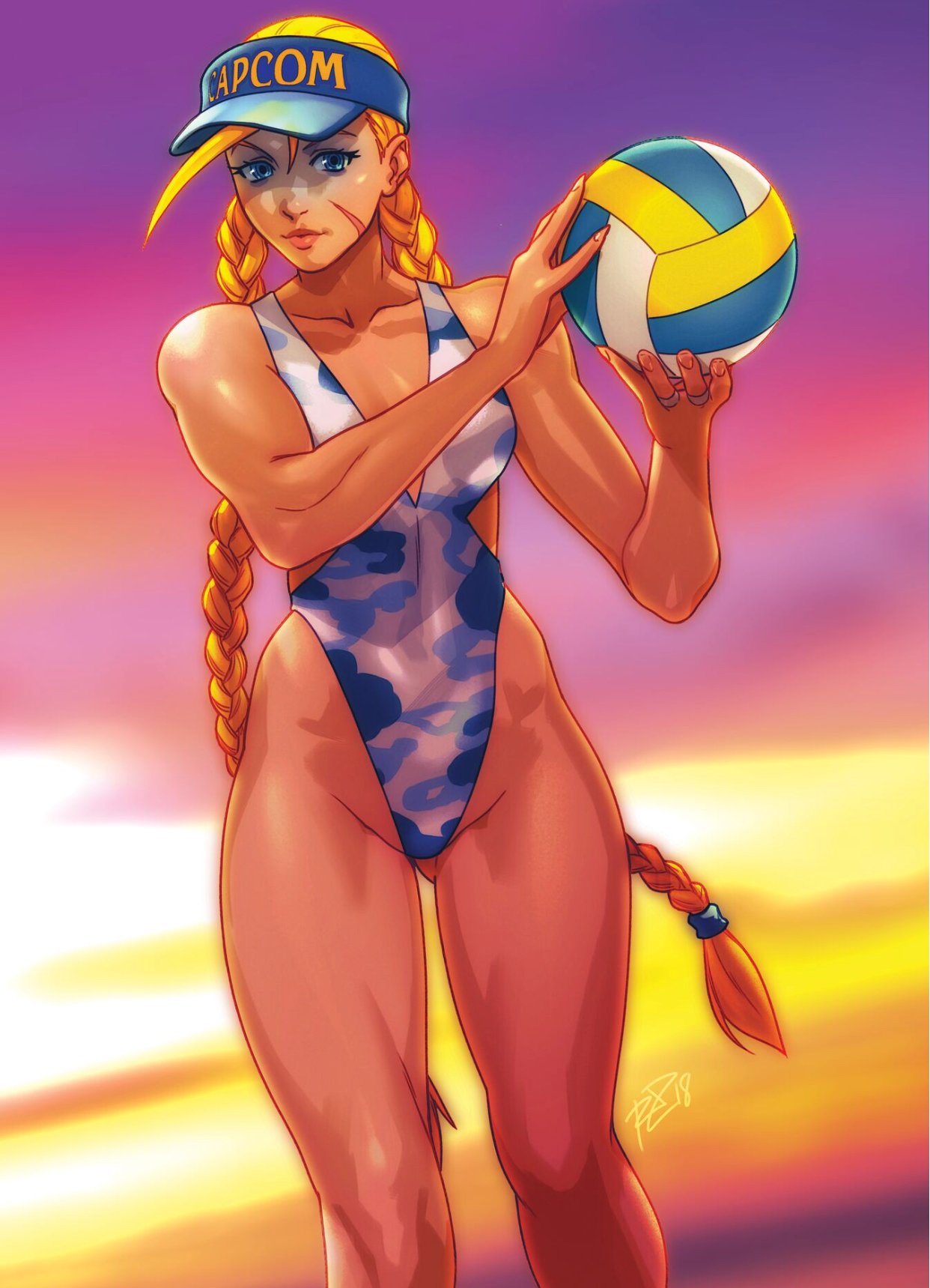 1girl antenna_hair ball blonde_hair blue_eyes braid breasts cammy_white camouflage_print capcom collarbone commentary dusk english_commentary gluteal_fold highleg highleg_swimsuit highres lips long_hair one-piece_swimsuit robert_porter scar small_breasts solo street_fighter swimsuit thick_thighs thighs toned twin_braids very_long_hair visor_cap volleyball