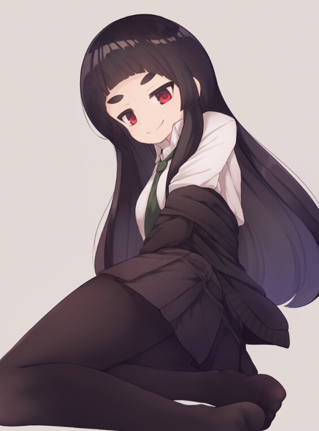 1girl arm_up black_cardigan black_skirt brown_background brown_hair brown_legwear cardigan character_request closed_mouth collared_shirt green_neckwear long_hair long_sleeves natsuki_teru necktie no_shoes off_shoulder original pantyhose pleated_skirt red_eyes school_uniform shirt simple_background skirt sleeves_past_wrists smile solo very_long_hair white_shirt