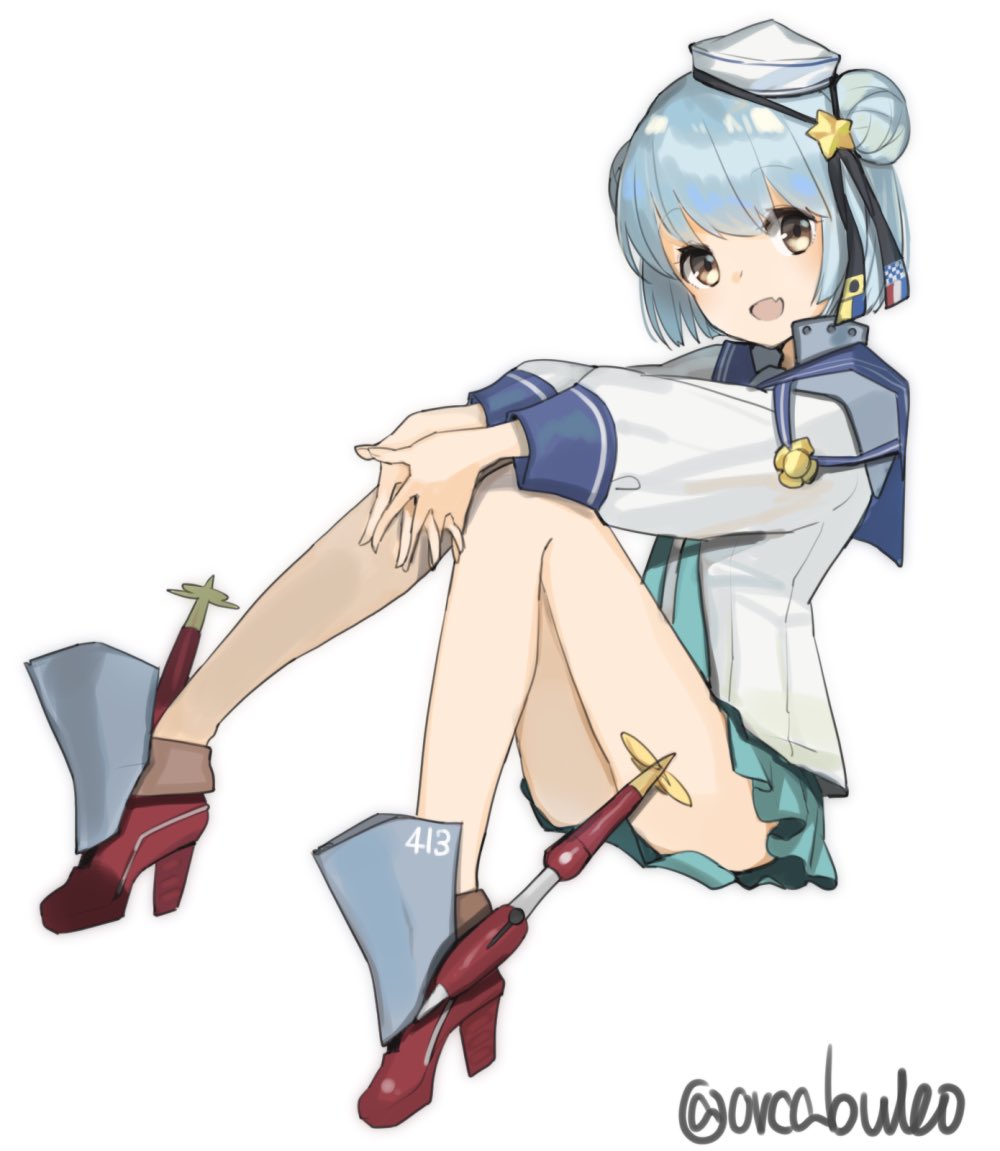 1girl aqua_neckwear aqua_skirt black_ribbon blue_hair blue_sailor_collar dixie_cup_hat double_bun fang full_body hat hat_ribbon high_heels invisible_chair kantai_collection long_sleeves looking_at_viewer military_hat miniskirt neckerchief number open_mouth pleated_skirt red_footwear ribbon sailor_collar samuel_b._roberts_(kantai_collection) school_uniform serafuku shirt short_hair simple_background sitting skirt sleeve_cuffs smile solo white_background white_hat white_shirt yamashiki_(orca_buteo) yellow_eyes