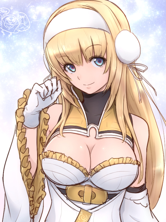 1girl blonde_hair blue_eyes breasts cleavage closed_mouth detached_sleeves earmuffs frills gloves hairband ivlish_(star_ocean) kiikii_(kitsukedokoro) large_breasts long_hair looking_at_viewer multicolored multicolored_eyes pink_eyes smile solo star_ocean star_ocean_anamnesis upper_body white_gloves white_hairband