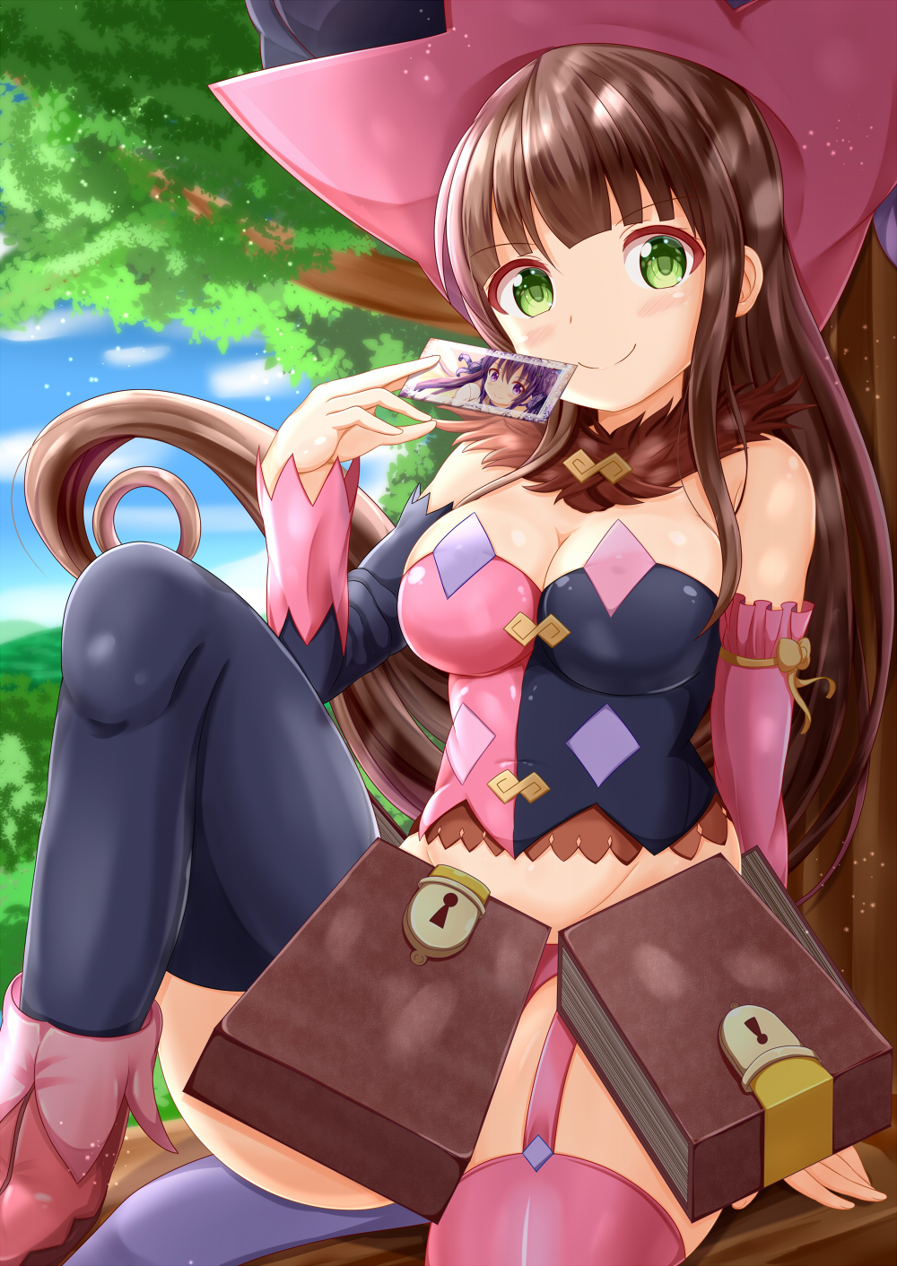 1girl bangs bare_shoulders black_legwear blue_sky blush boots breasts brown_hair cleavage closed_mouth clouds commentary_request cosplay day detached_sleeves eyebrows_visible_through_hair fur_trim garter_straps gochuumon_wa_usagi_desu_ka? green_eyes groin hand_up head_tilt highres holding keyhole large_breasts lock long_hair long_sleeves looking_at_viewer magilou_(tales) magilou_(tales)_(cosplay) mismatched_legwear multicolored_shirt outdoors pink_footwear pink_legwear satou_satomi seiyuu_connection sitting sky solo strapless tales_of_(series) tales_of_berseria tedeza_rize thigh-highs ujimatsu_chiya very_long_hair zenon_(for_achieve)