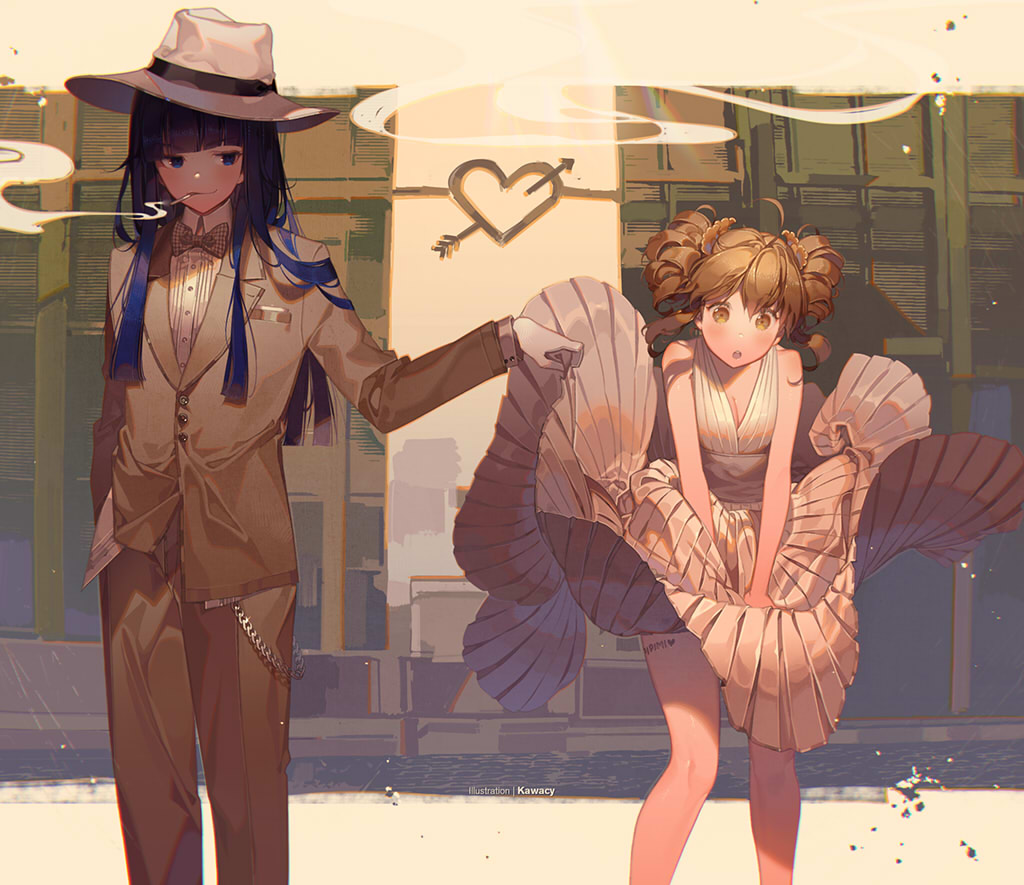 2girls :o ahoge arrow arrow_through_heart artist_name bangs bare_arms blue_eyes blue_hair bow bowtie breasts brown_eyes brown_hair chains cigarette cleavage commentary_request cosplay crossdressinging dress eyebrows_visible_through_hair feet_out_of_frame formal gloves hat hat_ribbon heart jacket kawacy leg_tattoo lifted_by_another long_hair long_sleeves looking_at_viewer marilyn_monroe marilyn_monroe_(cosplay) mouth_hold multiple_girls open_mouth pants pipimi plaid_neckwear pleated_dress poptepipic popuko ribbon short_twintails sleeveless sleeveless_dress smile smoke smoking smug standing suit tattoo twintails white_dress white_gloves white_hat white_jacket white_suit wind wind_lift wing_collar