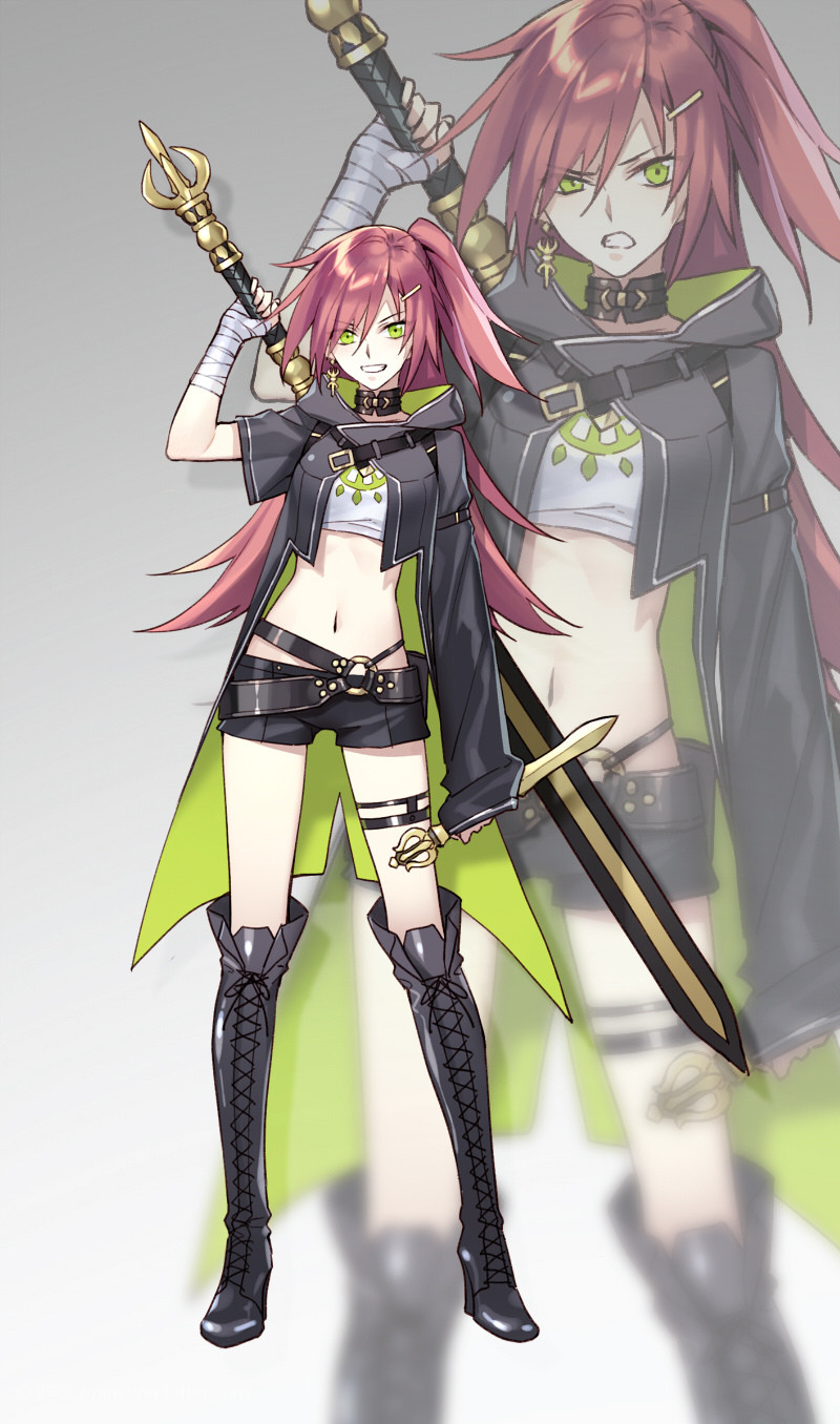 1girl asymmetrical_sleeves belt black_choker black_footwear black_jacket boots choker contrapposto dagger dual_wielding green_eyes grey_background highres holding holding_dagger holding_sword holding_weapon jacket kangetsu_(fhalei) knee_boots legs_apart long_sleeves looking_at_viewer o-ring one_side_up original redhead reverse_grip short_shorts shorts smile solo standing sword weapon weapon_on_back zoom_layer