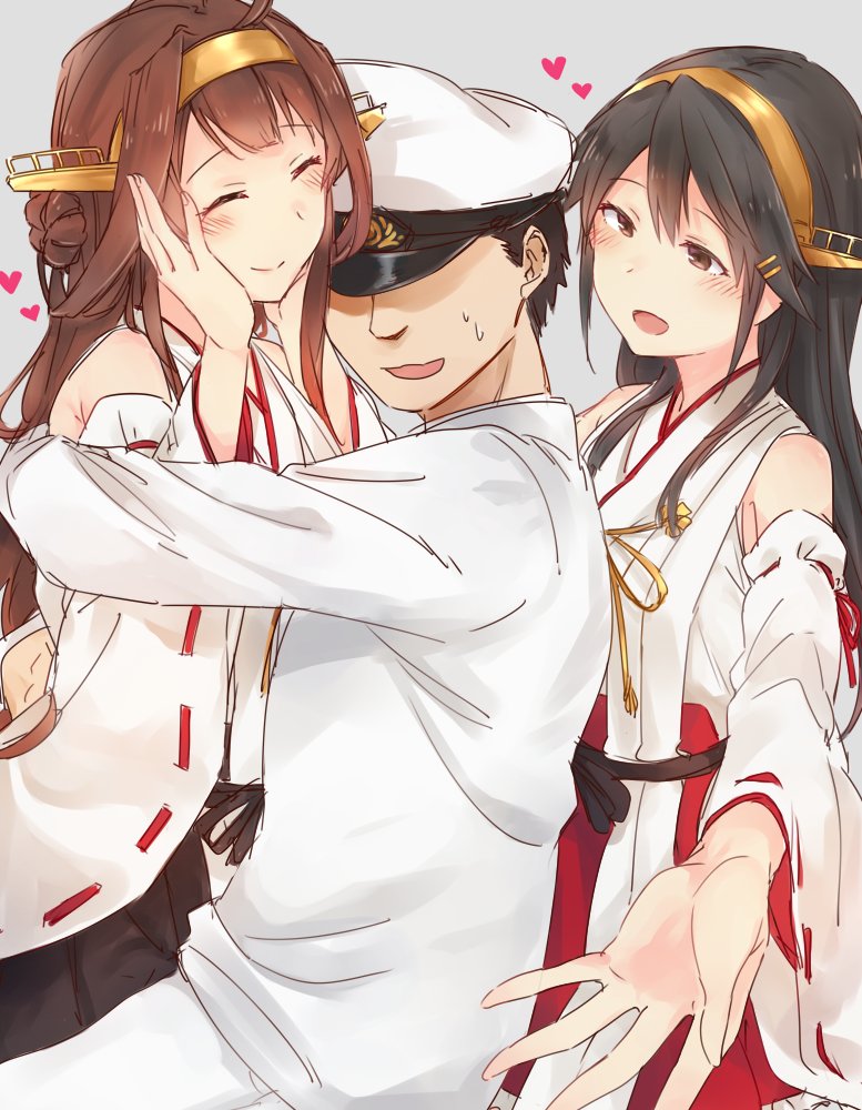 1boy admiral_(kantai_collection) ahoge bare_shoulders black_hair black_skirt brown_hair closed_eyes commentary covered_eyes detached_sleeves double_bun grey_background hair_ornament hairclip haruna_(kantai_collection) hat headgear heart hug jacket kantai_collection kongou_(kantai_collection) long_hair long_sleeves looking_at_another military military_hat military_uniform nontraditional_miko open_mouth red_skirt remodel_(kantai_collection) satsumi shared_bathing simple_background skirt smile uniform white_jacket