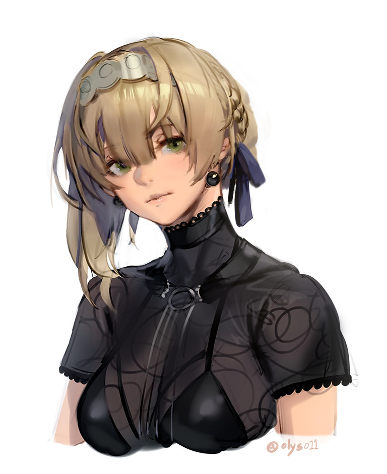 1girl alternate_costume bangs blonde_hair braid breasts cropped_torso crown_braid dress earrings eyebrows_visible_through_hair girls_frontline green_eyes hair_ribbon head_tilt jewelry looking_at_viewer medium_breasts o-ring olys parted_lips ribbon short_hair short_sleeves sidelocks simple_background solo twitter_username welrod_mk2_(girls_frontline) white_background