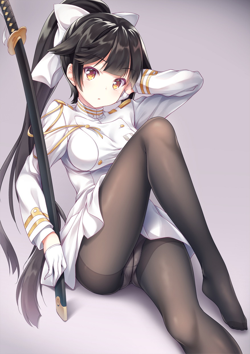 1girl aiguillette azur_lane bangs black_hair black_legwear blush bow commentary_request crotch_seam double-breasted eyebrows_visible_through_hair female gloves hair_bow hair_flaps half_gloves hand_on_own_face highres katana knee_up legs_crossed looking_at_viewer military military_uniform panties panties_under_pantyhose pantyhose pleated_skirt ponytail sheath sheathed skirt solo sword takao_(azur_lane) thighband_pantyhose underwear uniform very_long_hair weapon yellow_eyes yuurei_yashiki