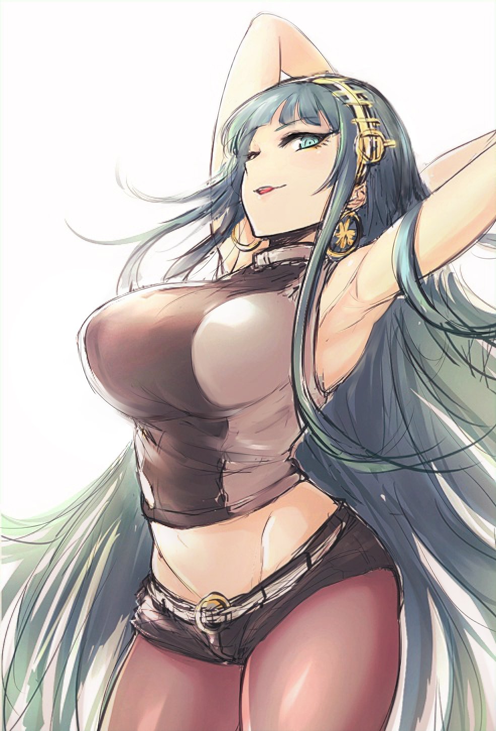 1girl armpits arms_behind_head bangs breasts cleopatra_(fate/grand_order) cowboy_shot crop_top earrings fate/grand_order fate_(series) green_eyes green_hair hairband highres hometa hoop_earrings jewelry large_breasts licking_lips long_hair looking_at_viewer looking_to_the_side necklace pantyhose shirt short_shorts shorts sleeveless sleeveless_shirt solo tongue tongue_out very_long_hair