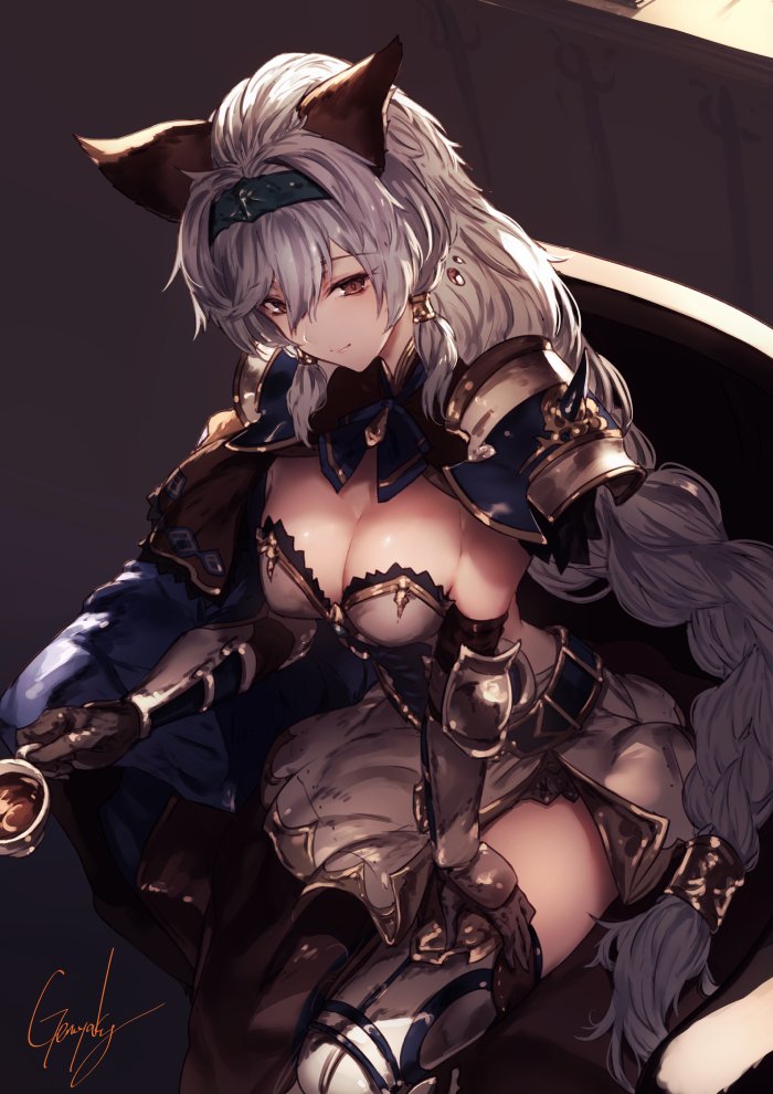 1girl animal_ears arm_guards armor backless_outfit bare_shoulders belt blue_neckwear boots braid breasts brown_eyes cat_ears cleavage cup detached_collar elbow_pads from_above gauntlets gloves hair_tubes hairband hand_on_own_thigh holding holding_cup kyouya_(mukuro238) large_breasts long_hair low_tied_hair original pauldrons shoulder_armor side_slit signature silver_dress silver_hair single_braid sitting smile smirk thigh-highs thighs very_long_hair