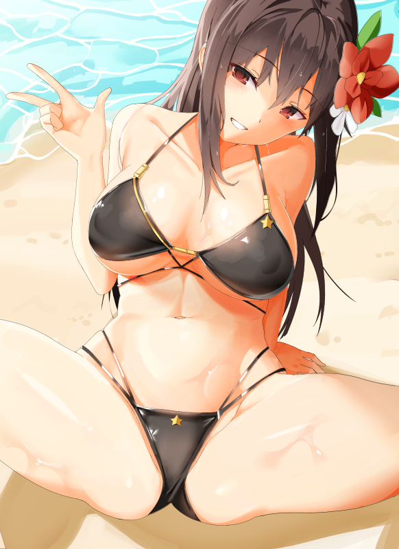 1girl arm_support beach breasts brown_eyes brown_hair collarbone covered_nipples fenrir_(fenrir042) flower from_above hair_flower hair_ornament iris_yuma large_breasts looking_to_the_side navel sitting smile solo soul_worker spread_legs swimsuit v water