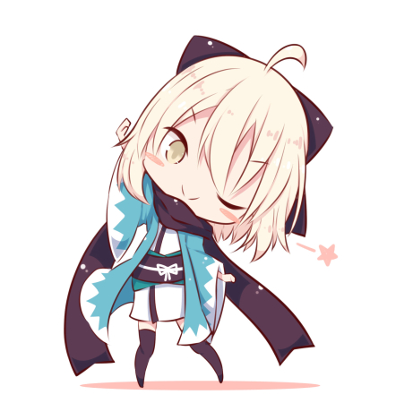 1girl ;) ahoge arm_up bangs beni_shake black_bow black_legwear black_scarf blonde_hair blush_stickers bow chibi closed_mouth commentary_request eyebrows_visible_through_hair fate/grand_order fate_(series) full_body hair_between_eyes hair_bow haori head_tilt japanese_clothes kimono koha-ace long_sleeves looking_at_viewer lowres obi okita_souji_(fate) one_eye_closed sash scarf short_kimono smile solo standing star thigh-highs white_background white_kimono wide_sleeves yellow_eyes