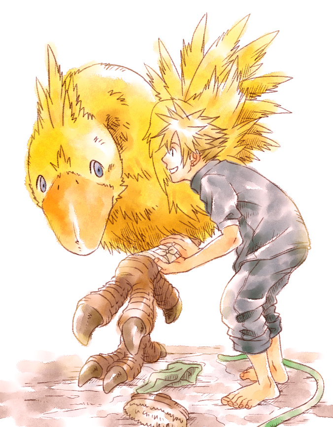 1boy bandaged_leg bandages barefoot beak bird blonde_hair blue_eyes blue_pants blue_shirt brush chocobo cloud_strife feathers final_fantasy final_fantasy_vii grin leaning_forward leg_up looking_at_another male_focus pants pants_rolled_up rag shirt short_hair short_sleeves smile spiky_hair talons teeth torimaru-douhu white_background yellow_feathers