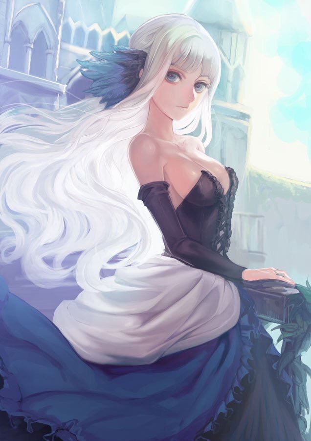 1girl arm_warmers bare_shoulders black_dress blue_eyes breasts castle cleavage cowboy_shot dress expressionless gwendolyn kokouno_oyazi layered_dress long_hair looking_at_viewer medium_breasts odin_sphere solo strapless strapless_dress white_hair