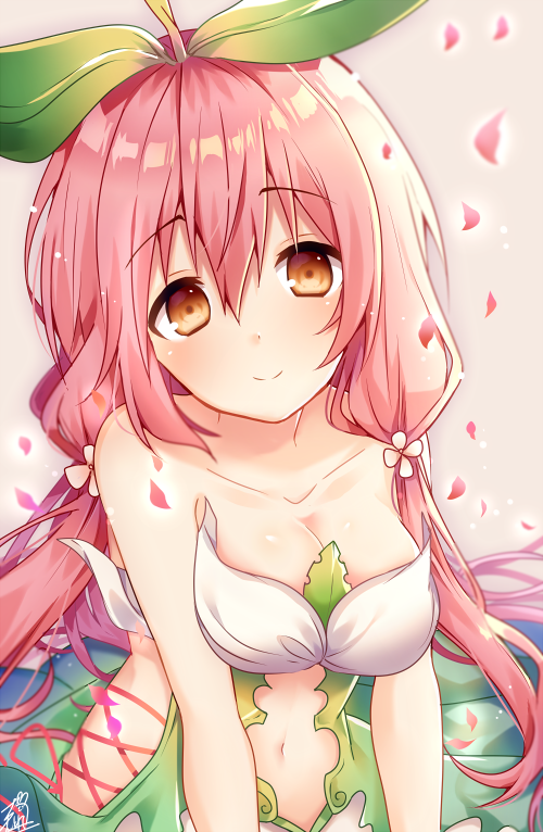 1girl bangs blush breasts brown_background brown_eyes cleavage closed_mouth collarbone commentary_request dress eyebrows_visible_through_hair flower granblue_fantasy hair_between_eyes hair_flower hair_ornament leaf long_hair looking_at_viewer low_twintails medium_breasts navel omuretsu petals pink_flower pink_hair plant_girl smile solo strapless strapless_dress twintails very_long_hair yggdrasil_(granblue_fantasy)