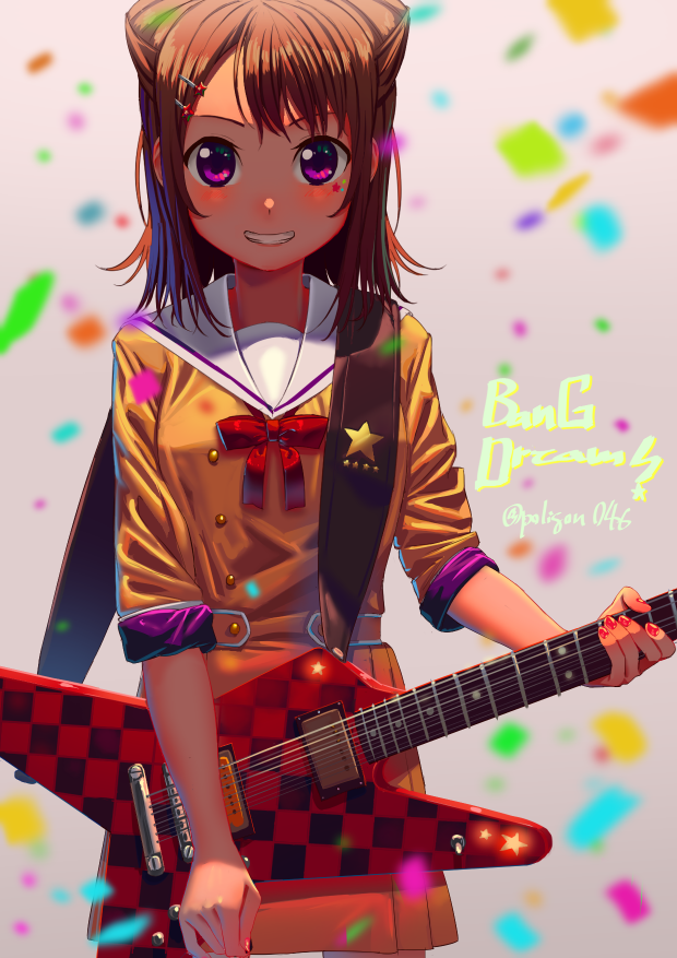 1girl bang_dream! bangs blush brown_dress brown_hair checkered commentary_request confetti copyright_name dress electric_guitar grin guitar hair_ornament hanasakigawa_school_uniform holding holding_instrument instrument looking_at_viewer medium_hair neck_ribbon poligon_(046) red_neckwear ribbon sailor_dress school_uniform shaded_face sleeves_folded_up smile solo star star_hair_ornament toyama_kasumi twitter_username violet_eyes