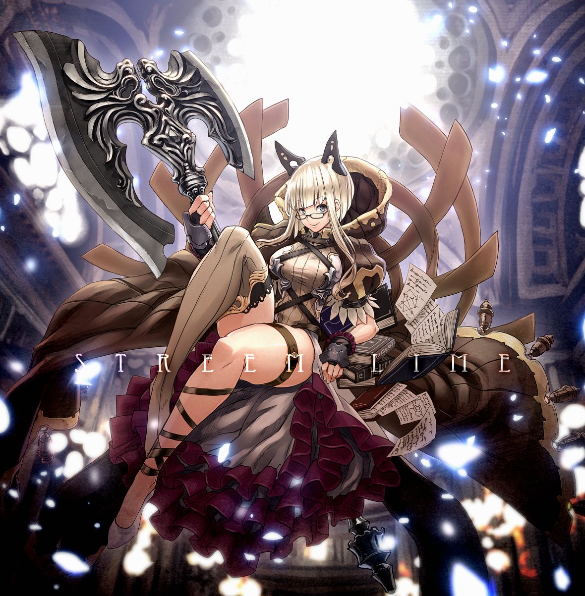1girl axe backlighting battle_axe black-framed_eyewear black_gloves blonde_hair blue_eyes blurry blurry_background brown_legwear closed_mouth commentary_request dappled_sunlight dress eyebrows_visible_through_hair flats gauntlets glasses gloves headgear highres holding holding_axe huge_weapon ikeda_(hayato) indoors leaning_to_the_side legs light_particles long_dress original short_sleeves single_thighhigh smile solo standing sunlight thigh-highs thigh_strap throne weapon white_dress white_footwear