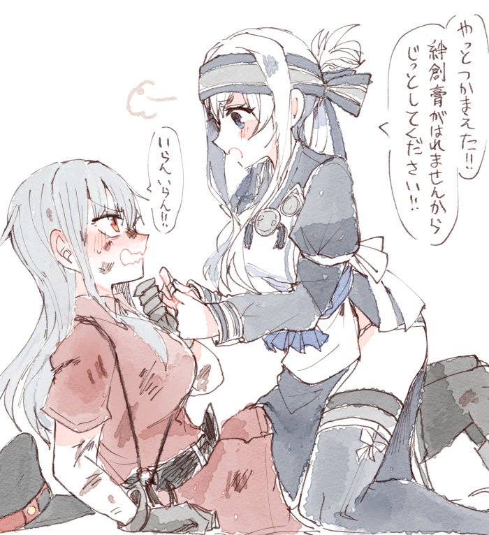 2girls ainu_clothes belt black_gloves black_legwear black_skirt blue_eyes blush breasts comic gangut_(kantai_collection) gloves grey_hair hat itomugi-kun japanese_clothes kamoi_(kantai_collection) kantai_collection large_breasts long_hair long_sleeves looking_at_another military military_hat military_uniform multiple_girls open_mouth pantyhose ponytail red_eyes red_shirt shirt simple_background sitting sitting_on_person skirt translation_request uniform white_background white_hair