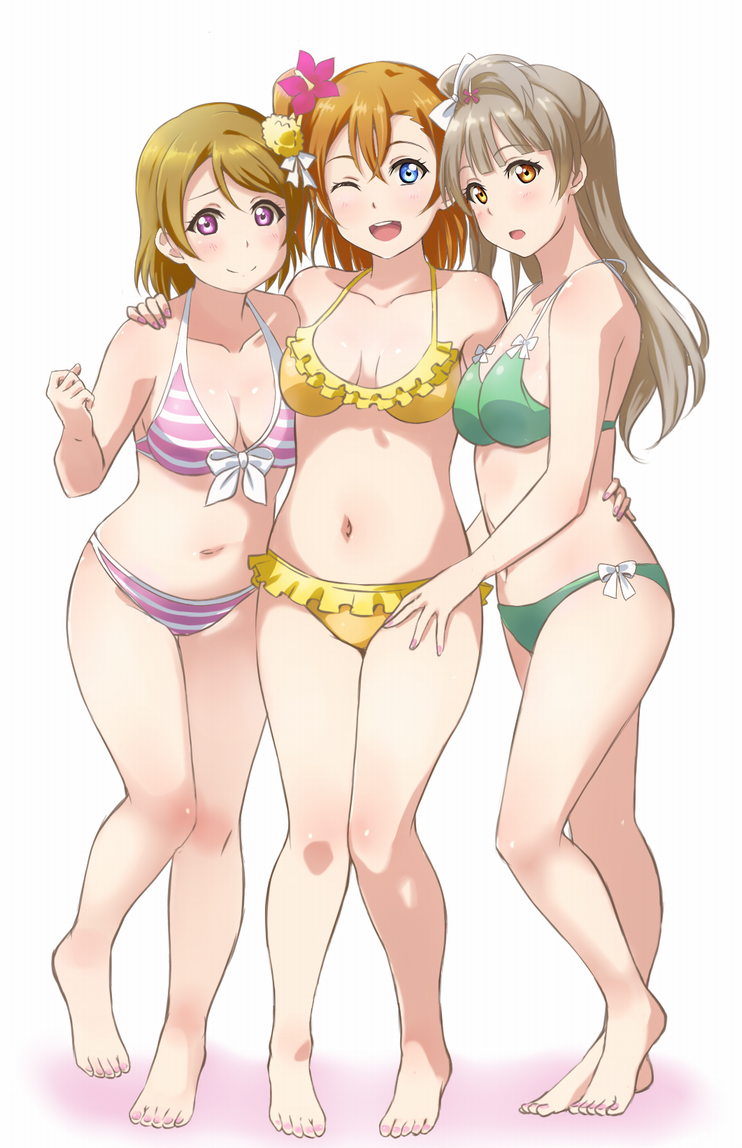 3girls :o ;d arm_around_waist barefoot bikini blue_eyes bow breasts brown_hair cleavage clenched_hand collarbone commentary_request flower front-tie_bikini front-tie_top full_body green_bikini grey_hair hair_bow hair_flower hair_ornament halterneck hand_on_another's_thigh koizumi_hanayo kousaka_honoka long_hair looking_at_viewer love_live! love_live!_school_idol_project medium_breasts medium_hair midriff minami_kotori multiple_girls navel one_eye_closed one_side_up open_mouth orange_hair pink_bikini pink_flower short_hair smile standing striped striped_bikini swimsuit turkey_min violet_eyes white_background white_bow yellow_bikini yellow_eyes yellow_flower