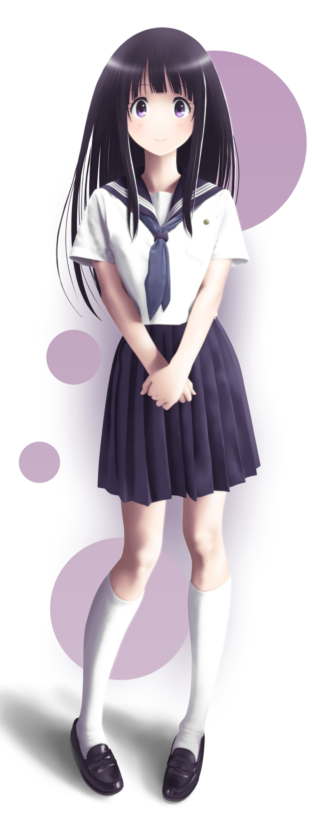 1girl absurdres black_hair black_skirt chitanda_eru full_body hands_together highres hyouka kneehighs loafers long_hair pleated_skirt school_uniform serafuku shirt shoes skirt smile solo tora_tsugumi violet_eyes white_legwear white_shirt