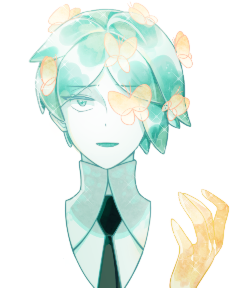 1other androgynous asymmetrical_hair bug butterfly colored_eyelashes face golden_arms green_eyes green_hair houseki_no_kuni insect looking_at_viewer necktie phosphophyllite short_hair solo sparkle transformation white_background