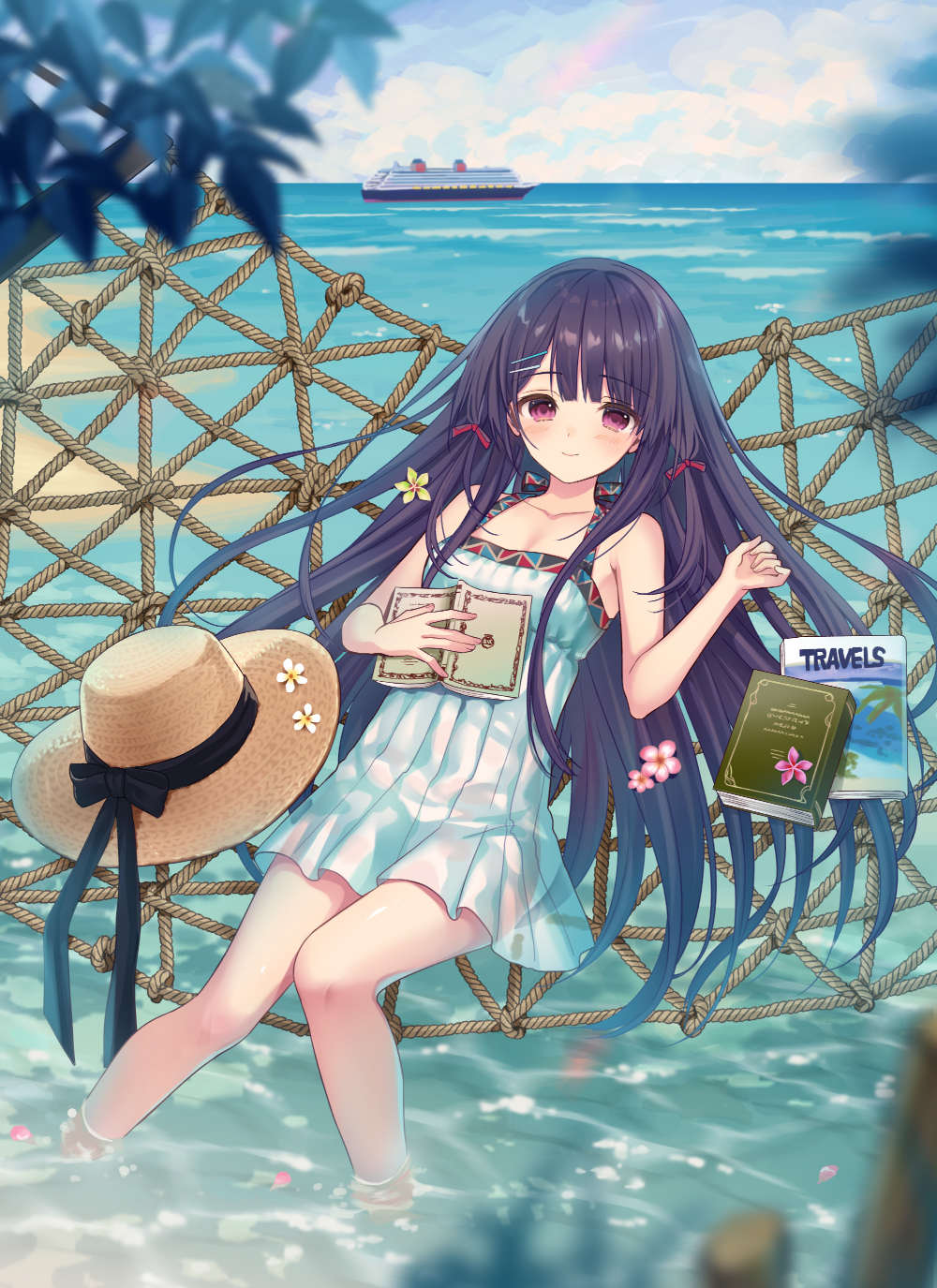 1girl bangs bare_arms bare_shoulders beach black_bow blurry blurry_foreground blush book bow closed_mouth clouds cloudy_sky commentary day depth_of_field dress eyebrows_visible_through_hair fingernails hair_bow hair_ornament hairclip hammock hat hat_bow hat_removed headwear_removed highres horizon long_hair looking_at_viewer ocean open_book original outdoors pleated_dress purple_hair red_bow sand ship sky sleeveless sleeveless_dress smile soaking_feet solo very_long_hair violet_eyes water watercraft white_dress yuuki_rika