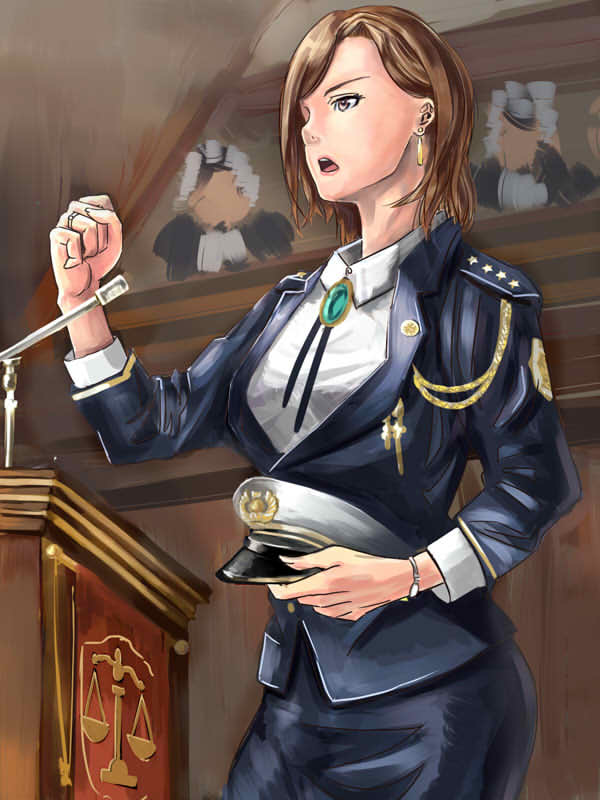 1girl aiguillette brown_hair clenched_hand commentary_request earrings hat hat_removed headwear_removed holding holding_hat instant_loss_2koma jewelry microphone military military_uniform original peaked_cap pencil_skirt satoimo_(jia64097023) skirt solo_focus uniform