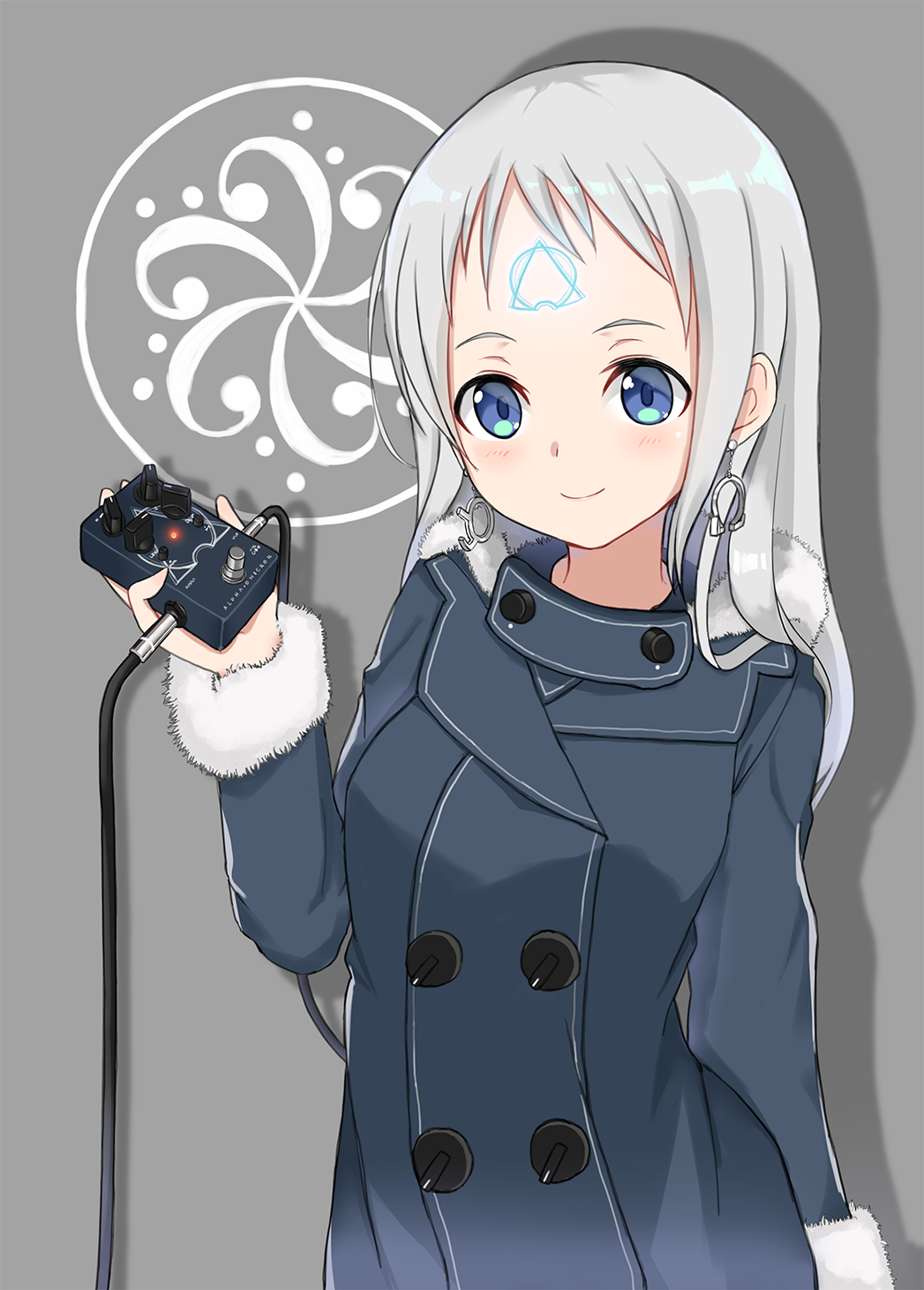 1girl bangs blue_coat blue_eyes blush closed_mouth coat earrings facial_mark forehead_mark fur-trimmed_coat fur-trimmed_sleeves fur_trim grey_background hand_up highres instant_(ioarthus) jewelry long_hair long_sleeves looking_at_viewer original silver_hair smile solo