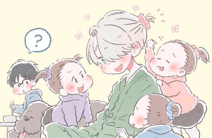 2boys 3girls :t ? black_hair blue_eyes bowl brown_eyes brown_hair cellphone chopsticks dog eating glasses hair_bun hair_ornament hair_over_one_eye hair_scrunchie hood hoodie japanese_clothes jinbei_(clothes) katsuki_yuuri makkachin multiple_boys multiple_girls nishigoori_axel nishigoori_loop nishigoori_lutz open_mouth phone ponytail sakana_(gyogyo33) scrunchie silver_hair skirt smartphone smile spoken_question_mark twintails viktor_nikiforov yuri!!!_on_ice