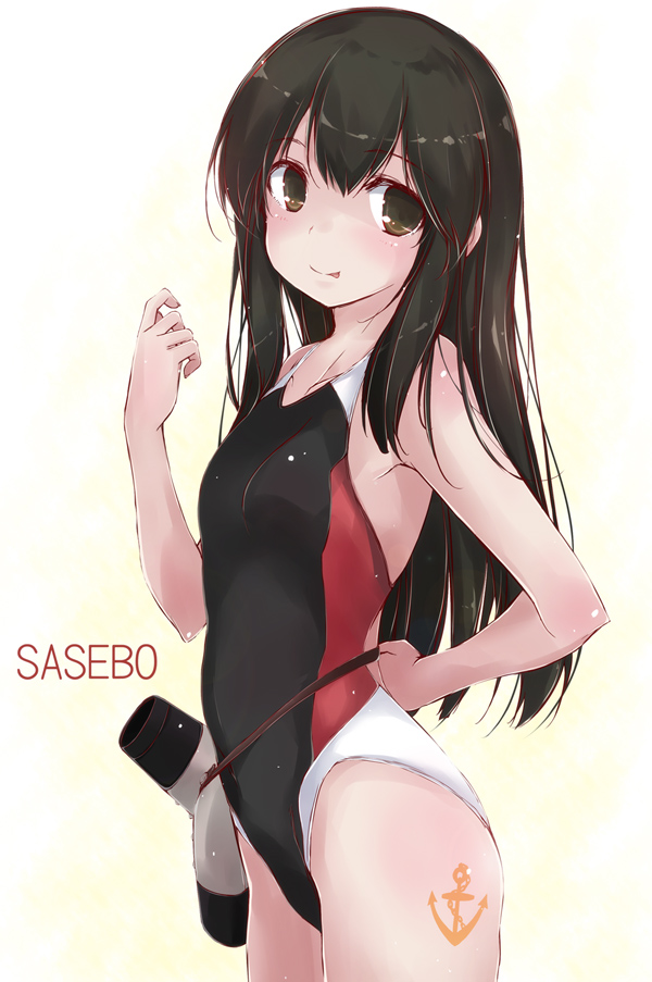 1girl akagi_(kantai_collection) anchor_symbol black_hair black_swimsuit brown_eyes commentary_request competition_swimsuit cowboy_shot kantai_collection long_hair multicolored multicolored_clothes multicolored_swimsuit one-piece_swimsuit simple_background solo standing straight_hair swimsuit tetrapod white_background younger yumesato_makura