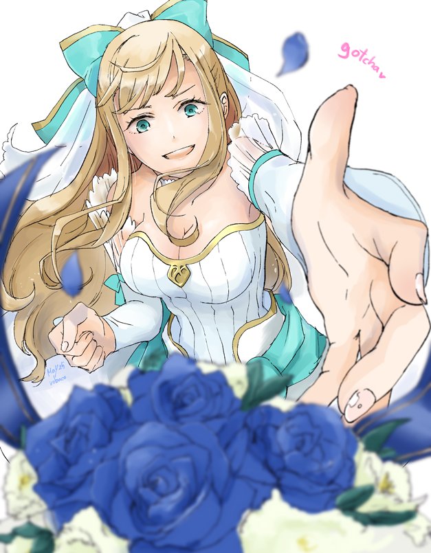 1girl blonde_hair blue_bow blue_eyes bow breasts bride charlotte_(fire_emblem_if) cleavage dress fire_emblem fire_emblem_heroes fire_emblem_if flower hair_bow long_hair open_mouth outstretched_arm petals robaco simple_background solo strapless strapless_dress wedding_dress white_background white_dress
