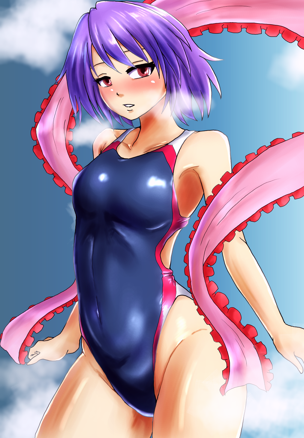 1girl black_swimsuit blue_background breath competition_swimsuit cowboy_shot d-m_(dii_emu) fog gradient gradient_background highleg highleg_swimsuit highres looking_at_viewer nagae_iku one-piece_swimsuit purple_hair red_eyes shawl short_hair solo swimsuit touhou