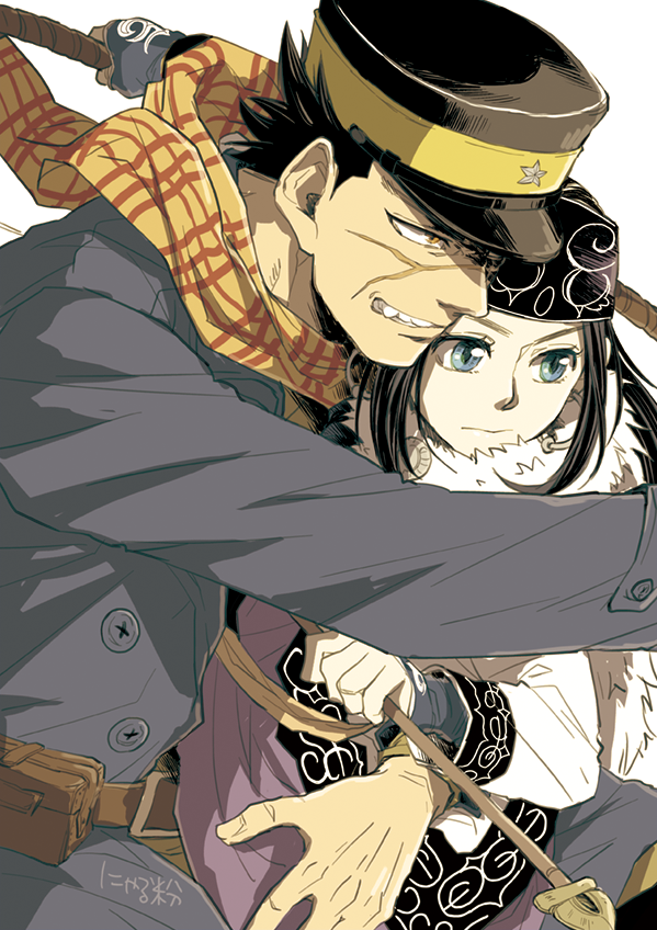 1boy 1girl ainu ainu_clothes arrow artist_name asirpa bag belt black_hair blue_eyes clenched_teeth coat facial_scar fingerless_gloves gloves golden_kamuy hat headband nyarulake orange_eyes satchel scar scarf short_hair signature simple_background spiky_hair sugimoto_saichi teeth white_background