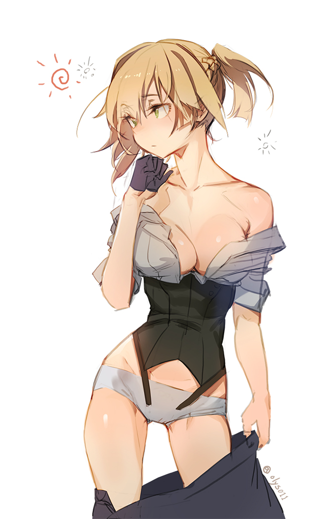 1girl bangs black_gloves blonde_hair blush braid breasts cleavage closed_mouth collarbone commentary_request corset eyebrows_visible_through_hair eyes_visible_through_hair facing_viewer girls_frontline gloves green_eyes groin half_gloves hand_up holding_skirt looking_away medium_breasts miniskirt no_bra off_shoulder olys panties shirt short_hair sidelocks simple_background sketch skirt sleeves_rolled_up solo standing thighs twintails twitter_username underwear welrod_mk2_(girls_frontline) white_background white_panties