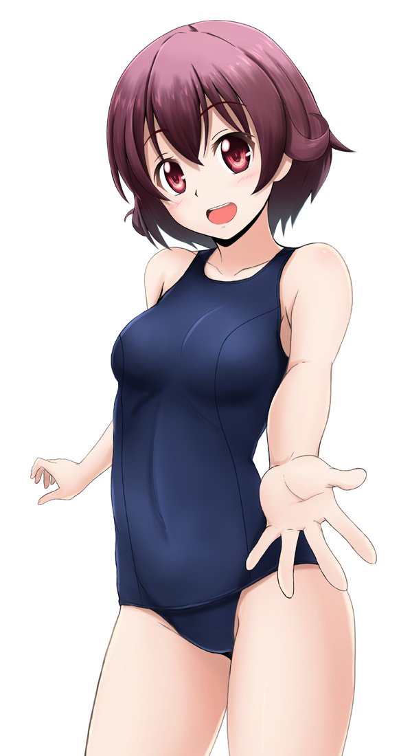 1girl blue_swimsuit brown_hair cowboy_shot fuuma_nagi gradient_hair kantai_collection looking_at_viewer multicolored_hair mutsuki_(kantai_collection) open_mouth redhead school_swimsuit short_hair simple_background solo standing swimsuit white_background