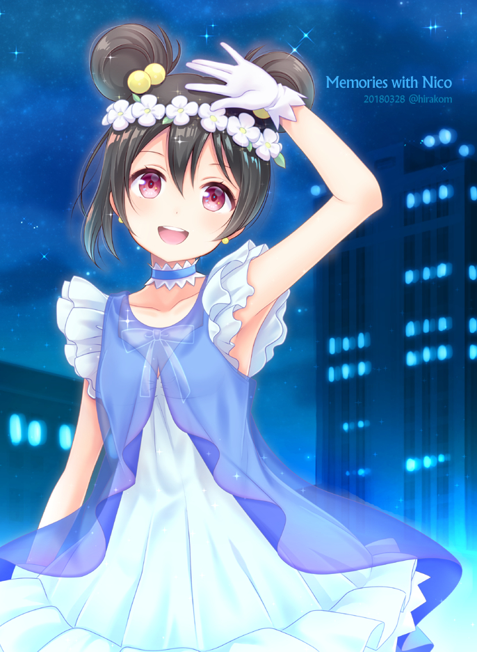 1girl :d \||/ alternate_hairstyle arm bangs black_hair blue_background blue_choker choker collarbone dated double_bun dress earrings frills gloves hair_bobbles hair_ornament head_wreath hirako jewelry looking_at_viewer love_live! love_live!_school_idol_project neck_ribbon night open_mouth outdoors red_eyes ribbon round_teeth smile solo sparkle teeth twitter_username upper_teeth white_gloves yazawa_nico yume_no_tobira