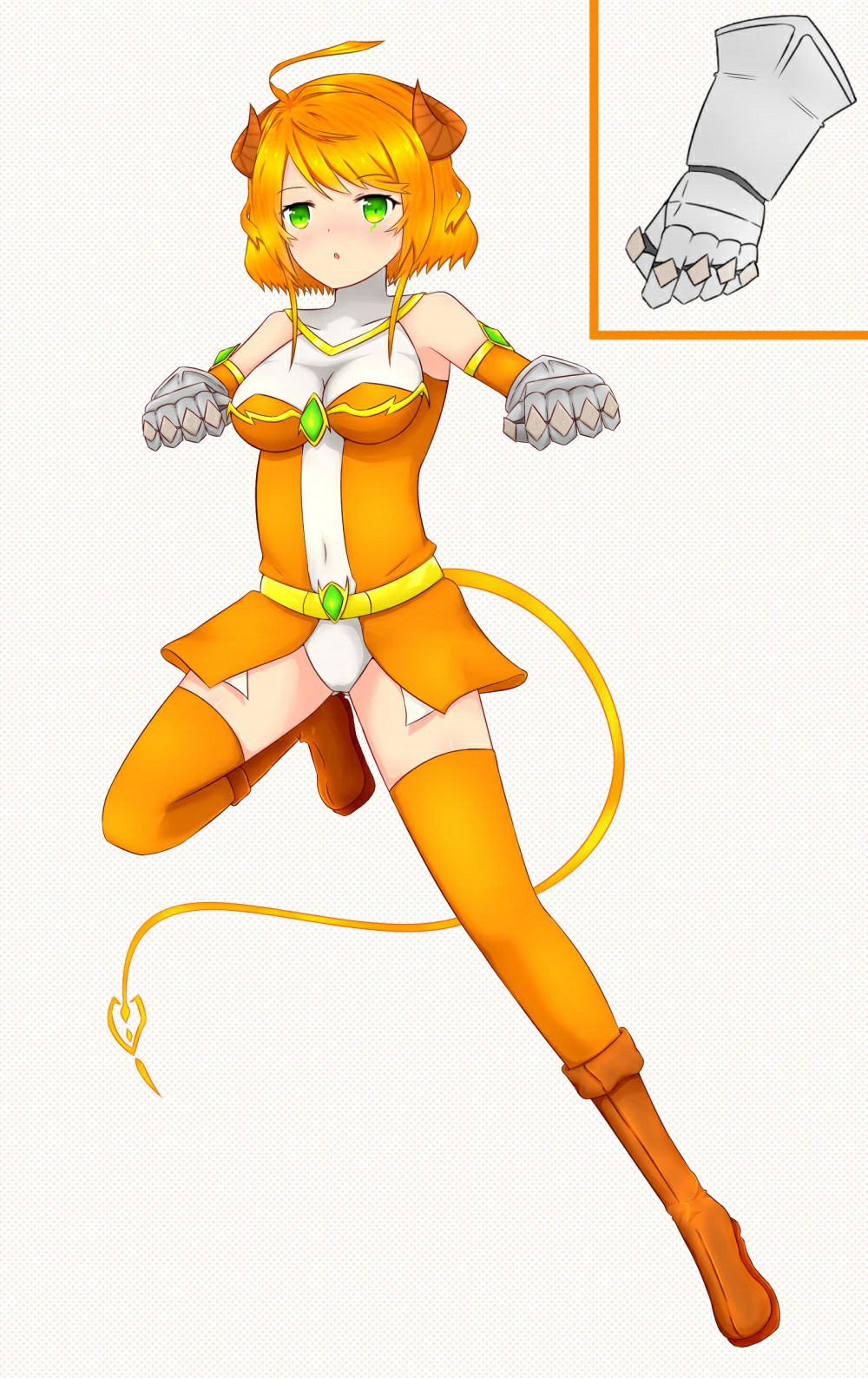 1girl :o ahoge armpits bangs bare_shoulders blush boots breasts cleavage commentary covered_navel curled_horns detached_sleeves eyebrows_visible_through_hair facial_mark gauntlets green_eyes highres horns leotard long_sleeves looking_at_viewer medium_breasts orange_footwear orange_hair orange_legwear original parted_lips short_hair solo standing standing_on_one_leg tail thigh-highs white_leotard yuujoduelist