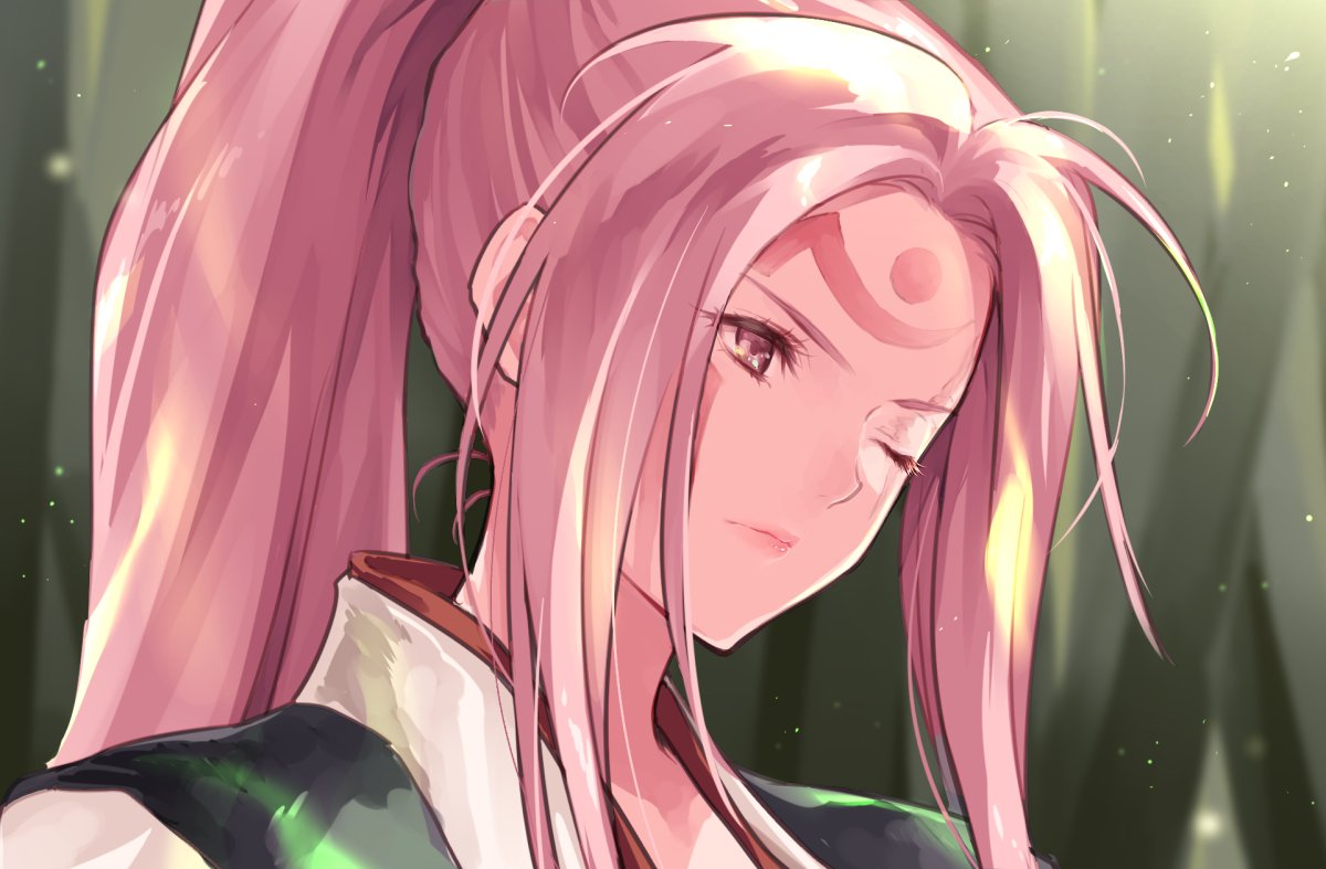 1girl baiken facial_tattoo guilty_gear guilty_gear_xrd high_ponytail jako_(toyprn) japanese_clothes kimono looking_down one-eyed pink_hair pink_lips ponytail samurai scar scar_across_eye sidelocks tattoo