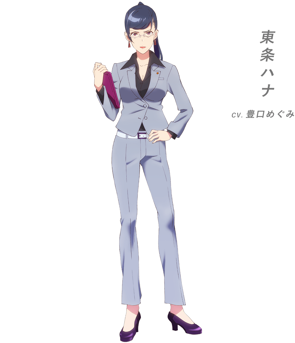 1girl black_hair blue_hair breasts character_name cleavage earrings full_body grey_pants hand_on_hip high_heels jewelry lipstick makeup official_art pants ponytail purple_footwear tablet toujou_hana translated transparent_background umamusume white_belt