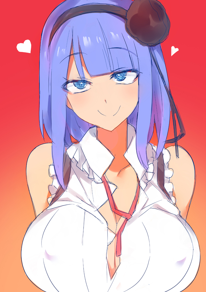 bare_shoulders blue_eyes breasts chinese_commentary cleavage commentary_request dagashi_kashi erect_nipples flower gradient gradient_background hair_flower hair_ornament hairband heart large_breasts purple_hair shidare_hotaru sleeveless smile suspenders yostxxx