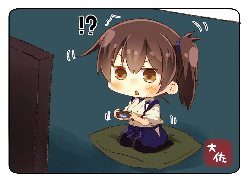 !? 1girl artist_name black_legwear blue_hakama brown_eyes brown_hair commentary_request hair_between_eyes hakama hakama_skirt holding japanese_clothes kaga_(kantai_collection) kantai_collection open_mouth playing_games seiza short_hair side_ponytail sitting solo taisa_(kari) tasuki thigh-highs v-shaped_eyebrows