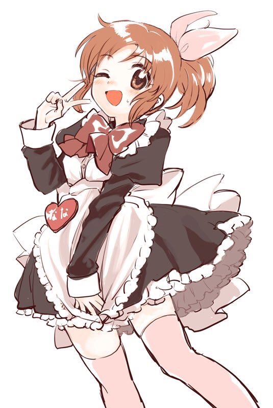 1girl ;d abe_nana amezawa_koma apron black_dress blush bow bowtie brown_eyes brown_hair commentary_request dress eyebrows_visible_through_hair feet_out_of_frame hair_bow heart idolmaster idolmaster_cinderella_girls maid maid_apron one_eye_closed open_mouth pink_bow pink_legwear ponytail simple_background sketch smile solo sweatdrop thigh-highs v