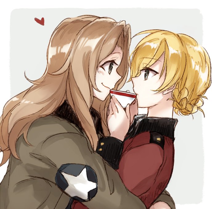 2girls blonde_hair blush bomber_jacket braid brown_hair closed_eyes cup darjeeling french_braid girls_und_panzer grey_background heart jacket kay_(girls_und_panzer) long_hair multiple_girls saunders_military_uniform short_hair smile st._gloriana's_military_uniform teacup white_border yuuyu_(777)