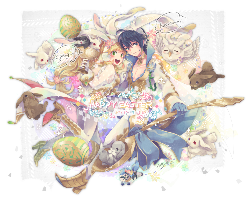 1boy 1girl ahoge alfonse_(fire_emblem) animal_hood artist_name azurebloom bird blonde_hair blue_hair boots breasts brother_and_sister bunny_hood chibi dated dress earmuffs easter easter_egg egg english feh_(fire_emblem_heroes) fire_emblem fire_emblem_heroes goblet green_eyes high_heel_boots high_heels hood horse long_hair looking_at_viewer medium_breasts open_mouth owl rabbit sharena short_hair siblings signature smile spoon spring_(season) thigh-highs thigh_boots