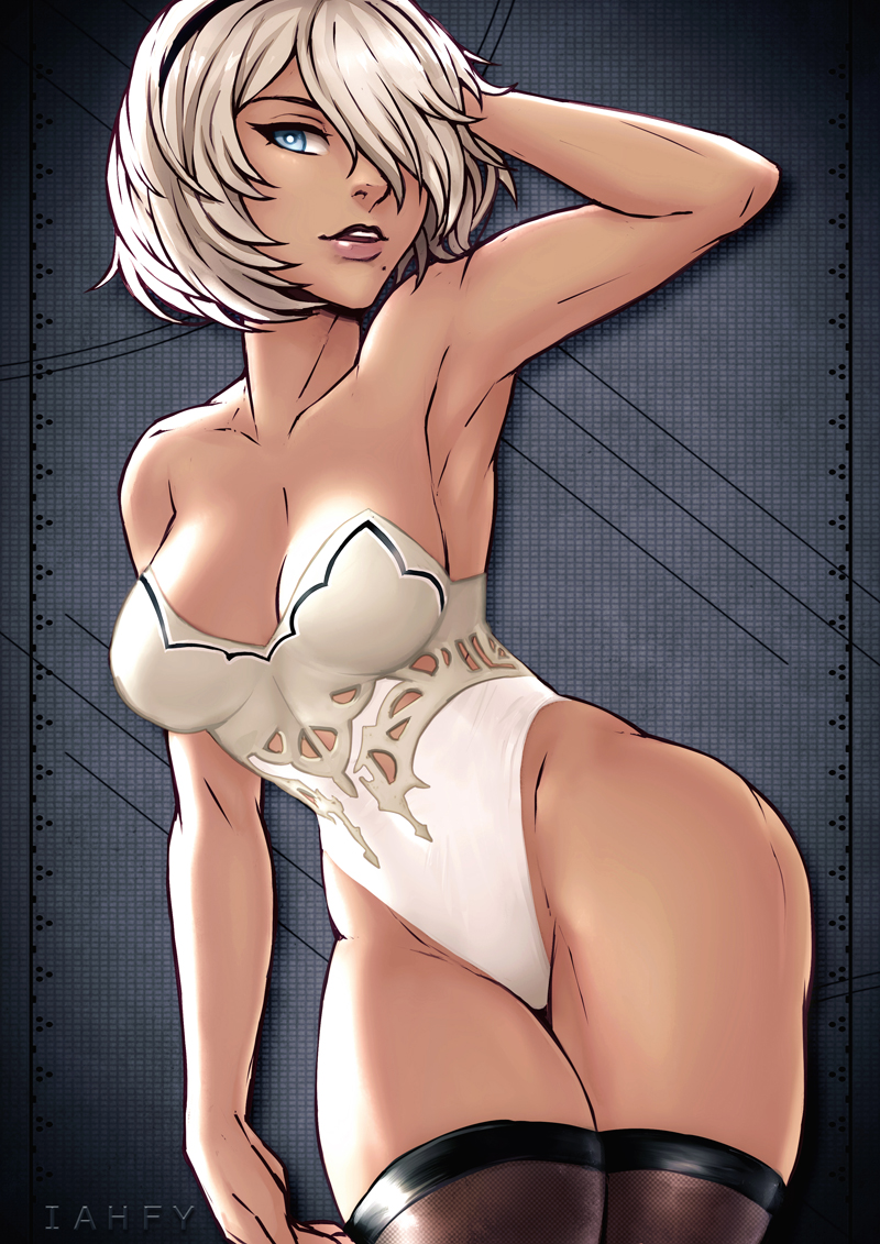 1girl bare_shoulders black_hairband black_legwear blue_eyes breasts cleavage commentary english_commentary hair_over_one_eye hairband hand_in_hair highleg highleg_leotard iahfy leotard lips medium_breasts mole mole_under_mouth nier_(series) nier_automata nose short_hair silver_hair solo strapless strapless_leotard thick_thighs thigh-highs thighs white_leotard wide_hips yorha_no._2_type_b