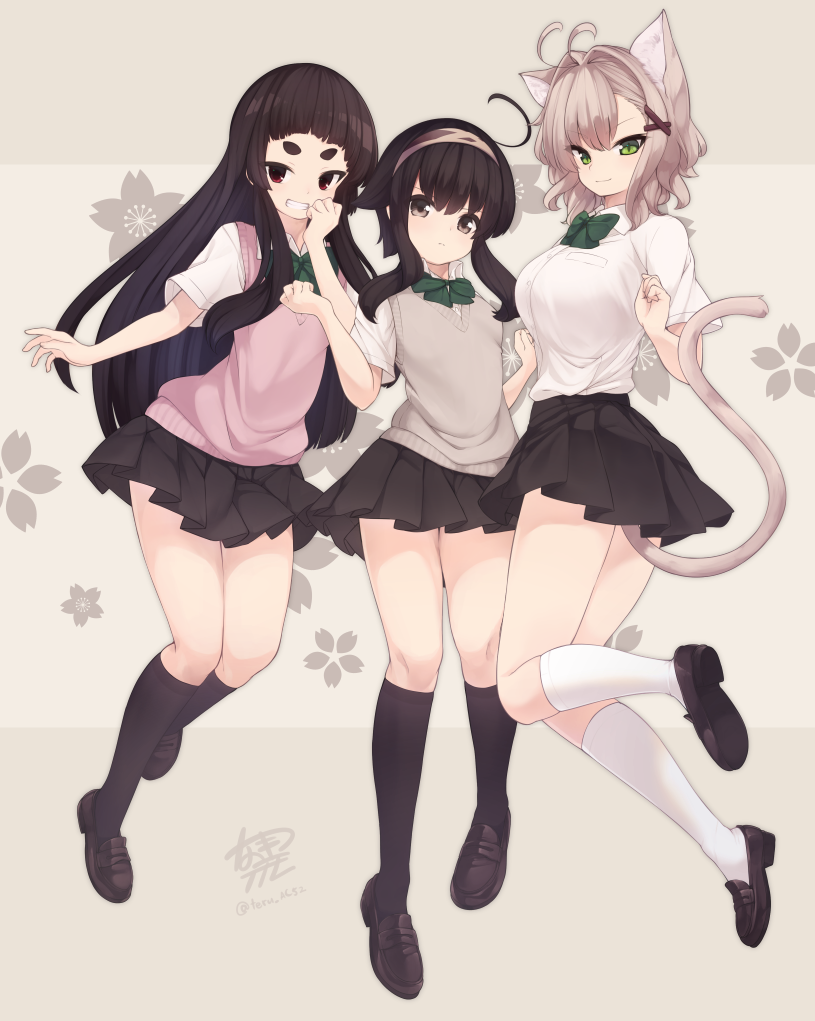 3girls animal_ears bangs black_footwear black_skirt blush bow bowtie breasts brown_eyes brown_hair cat_ears cat_girl cat_tail character_request closed_mouth collared_shirt eyebrows_visible_through_hair green_eyes green_neckwear grin hair_between_eyes hand_to_own_mouth hands_up kneehighs large_breasts light_brown_hair loafers long_hair looking_at_viewer multiple_girls natsuki_teru nekomiya_ryuu original pleated_skirt red_eyes school_uniform shikibe_ayaka shirt shoes short_sleeves skirt smile sweater_vest tail thick_eyebrows twitter_username very_long_hair white_legwear white_shirt